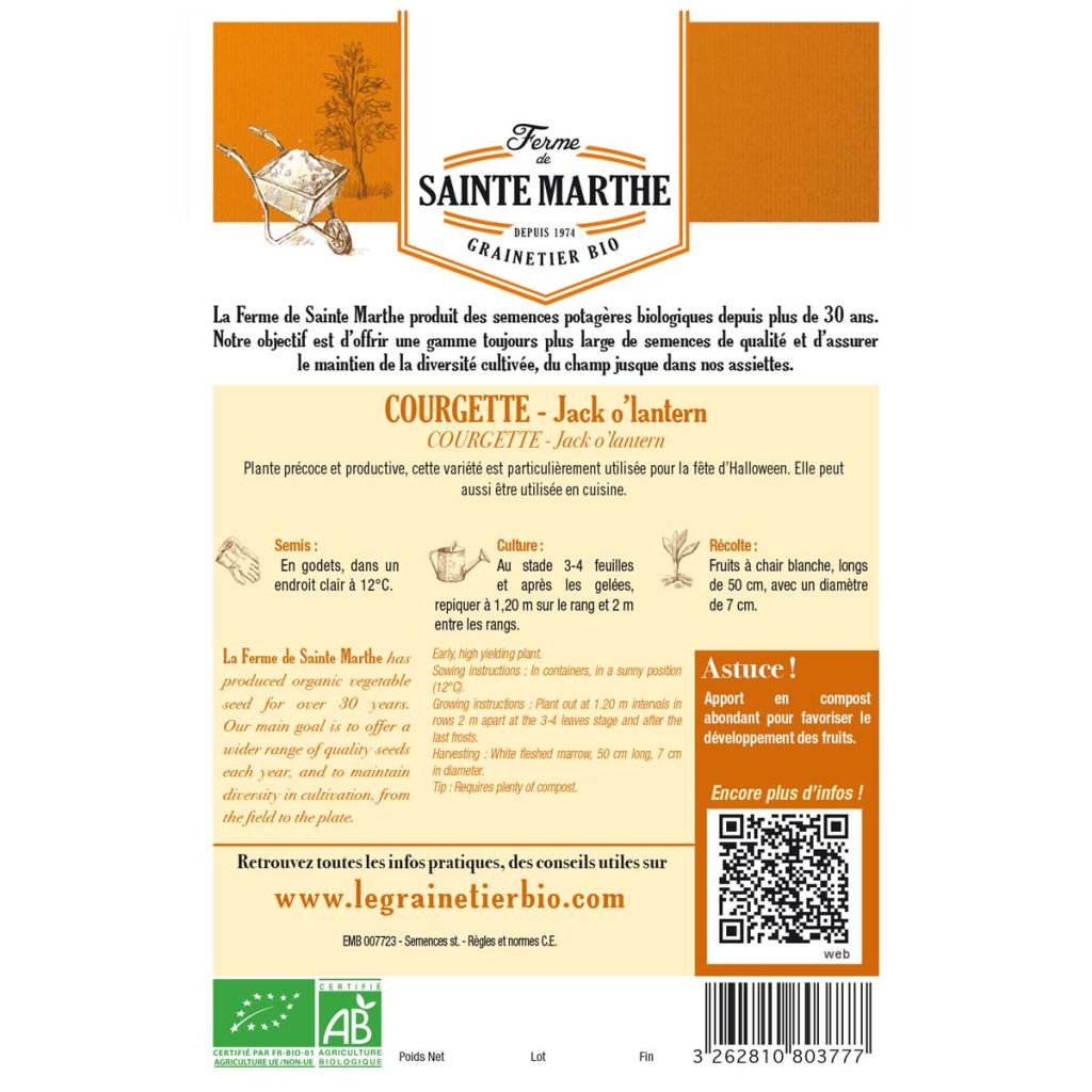 Zucca decorativa 'Jack O'Lantern' Bio - Ferme de Sainte Marthe