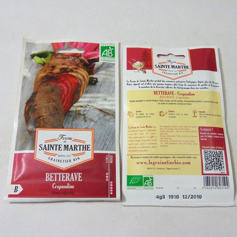 Esempio di esemplare Betterave Crapaudine Bio - Ferme de Sainte Marthe Graines come consegnato