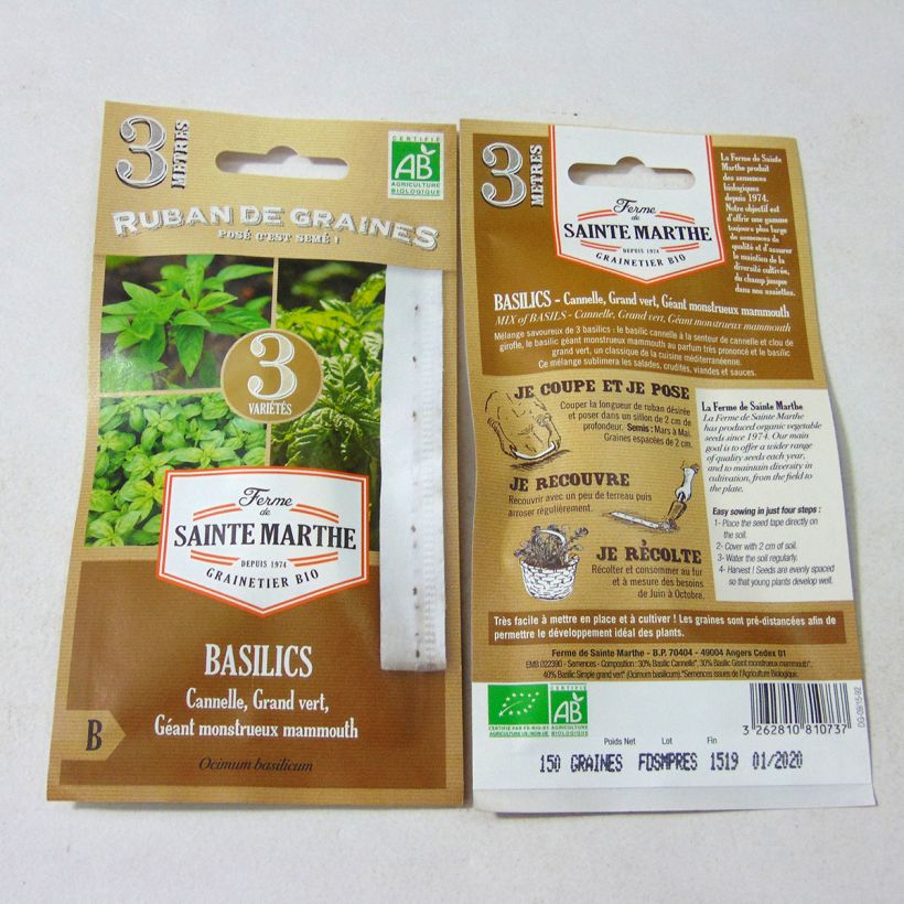 Esempio di esemplare Carte Ruban de Basilics en mélange (Basilic Cannelle - Basilic Géant Monstrueux - Basilic Grand Vert) - Bio - Ferme de Sainte Marthe Graines come consegnato