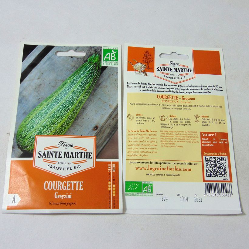 Esempio di esemplare Courgette Greyzini Bio - Ferme de Sainte Marthe Graines come consegnato